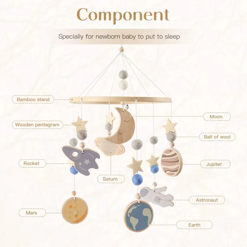 0-12 개월 아기 침대 벨, 모바일 딸랑이 장난감, 우주 행성 펜던트, 침대 벨, 유아 딸랑이, 회전목마, 어린이 뮤지컬 장난감 선물