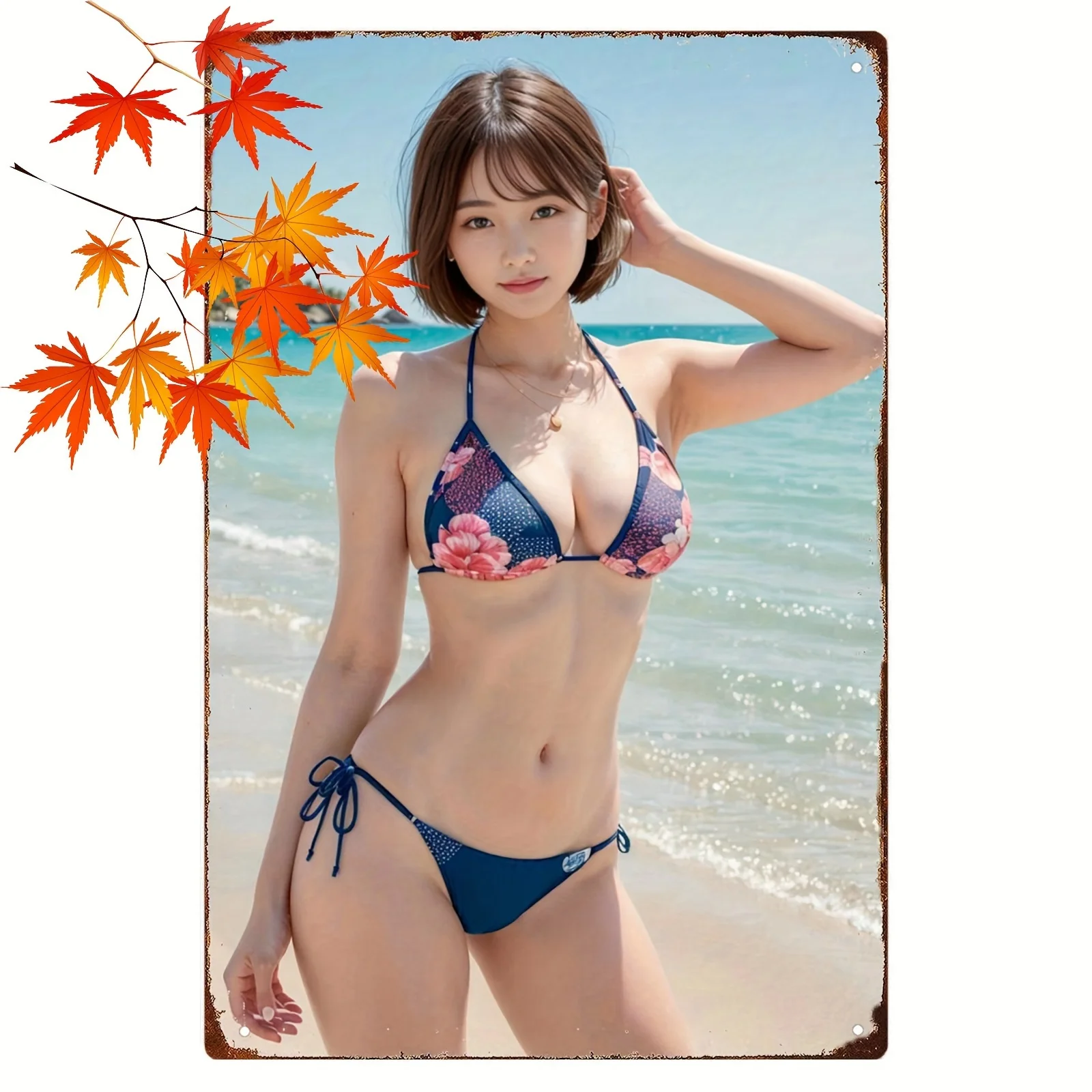 Retro Anime Girl Metal Poster 8x12 Inch Pink Blue Bikini Aluminum Sign Pre Drilled Holes Easy Install