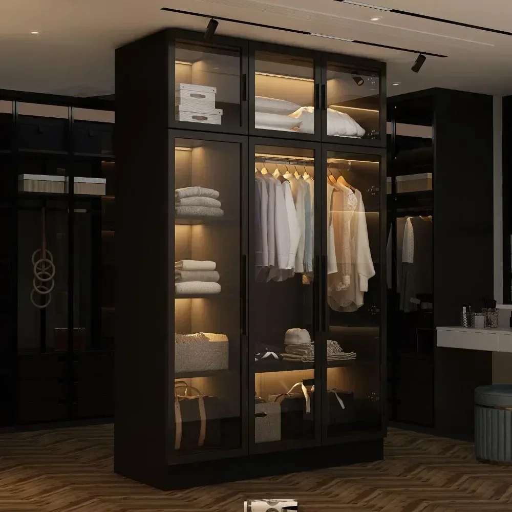 

Glass Wardrobe Closet with Lights, Amoire Wardrobe with Glass Doors and Shelves, Armoire Wardrobe Closet with Hanging Rod