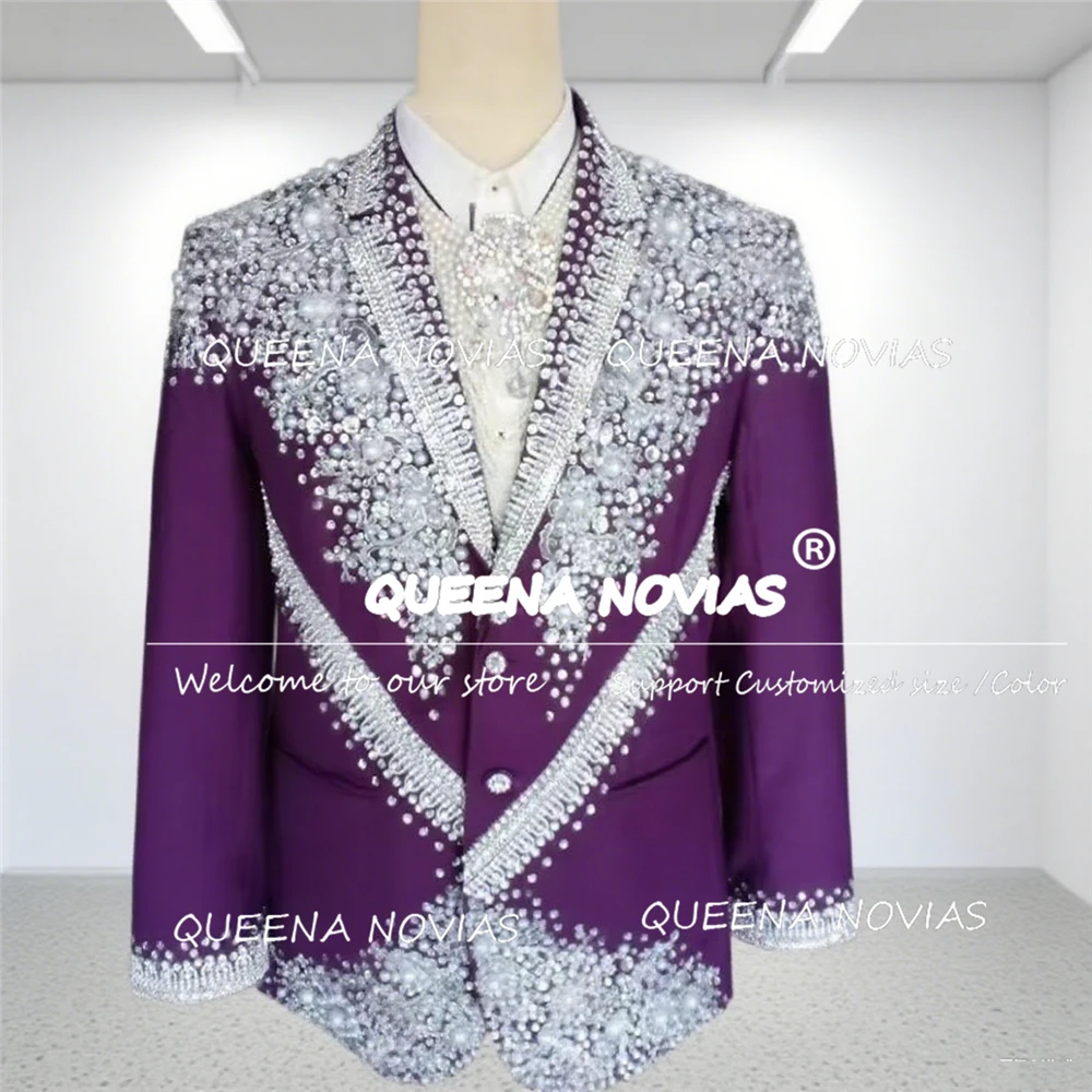 

Male Fashion Beaded Stones Groom Wedding Tuxedos Customized 2 Pieces Single Breasted Prom Blazers Luxury Banquet Party Suits Men