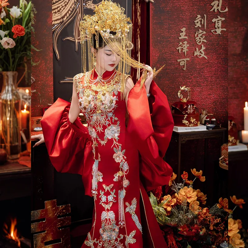 

Xiuhe Retro Chinese Wedding Dress Embroidery Traditional Cheongsam Vintage Red Formal Qipao Women Man Oriental Style