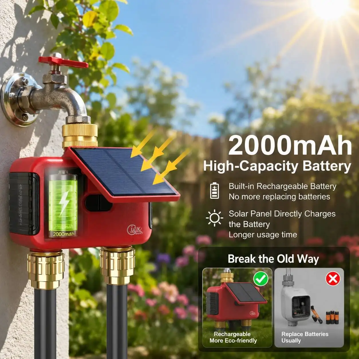WiFi Solar Rechargeable Smart Sprinkler Timer, 2 Zone  Hose Water Timer, Dual Outlet, Brass Inlet & Outlet, App/Alexa/Google