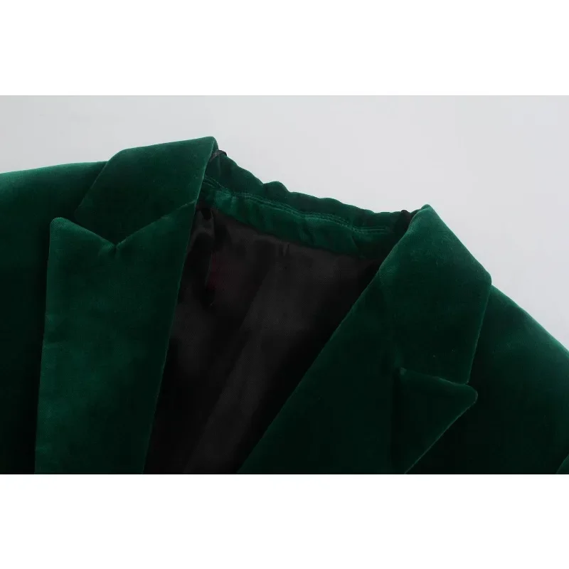 سترة نسائية مخملية أنيقة موضة ملابس مكتبية بأزرار وأكمام طويلة وجيوب سترة عتيقة ملابس نسائية خضراء