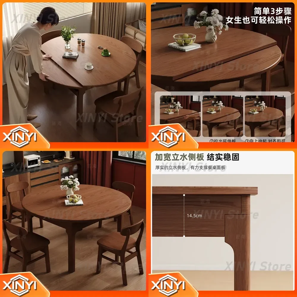 Solid Wood Retractable Dining Table for Chinese Style Square Round Dual Purpose Table and Chair Set Modern Extendable