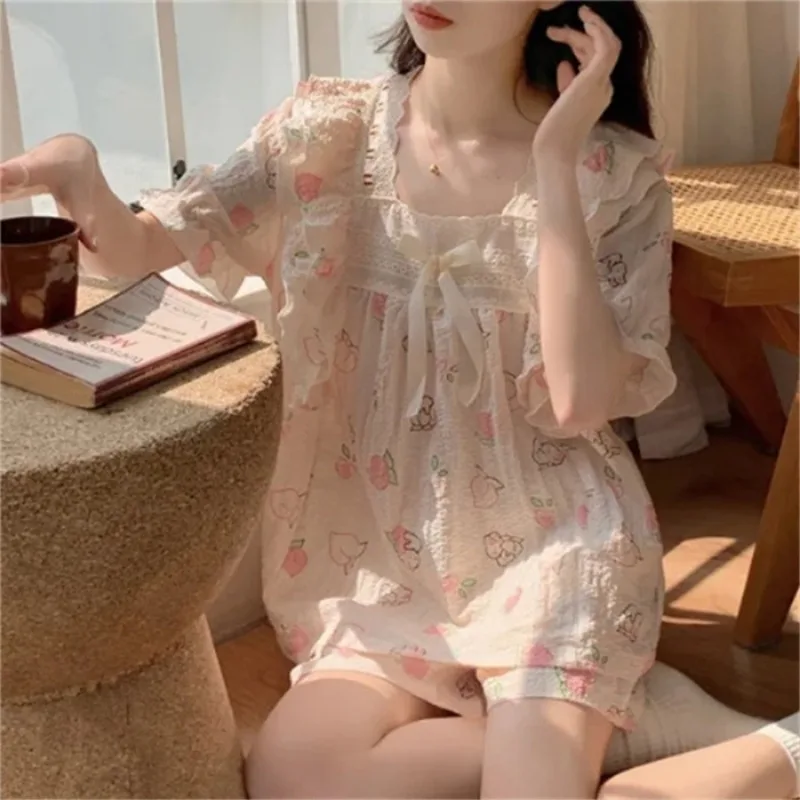 Women's Summer Short Pajamas 2/PCS Women's Princess Sweet Pajamas Girls Cute Floral Homewear Student Relaxation Puff Sleeve Set