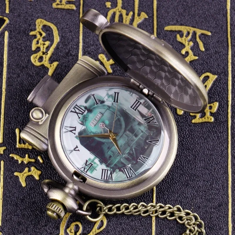 القطار البرونزي مرقمة الهاتفي قلادة كوارتز ساعة الجيب قاطرة حالة الرومانية الرقمية خمر ساعة الرجال والنساء تذكارية