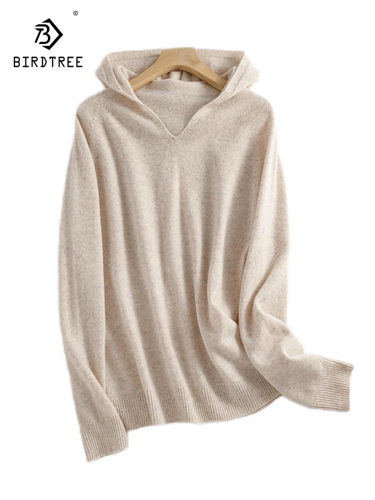 Birdtree 100%Sheep Wool Maillard Style Sweater For Women Seamless One Piece Hooded Pullover Autumn Winter Knitted Top T30475QC