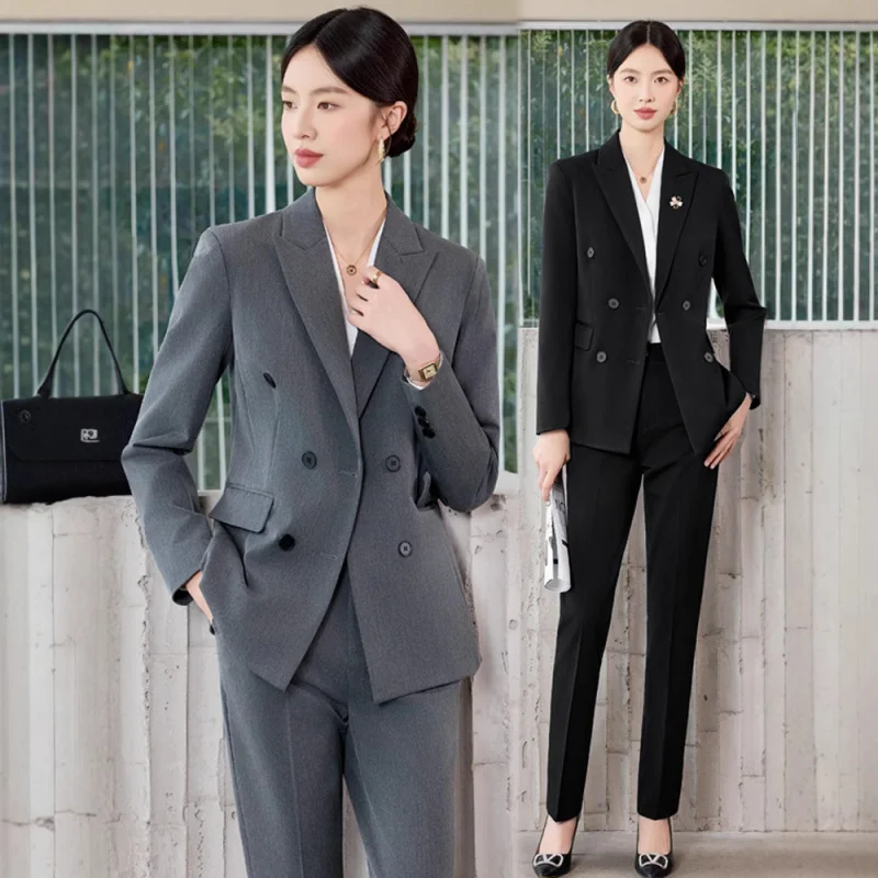 

Высококачественный профессиональный женский костюм2025Весенне-осенний темно-синий двубортный элегантный деловой деловой костюм Рабочая одежда