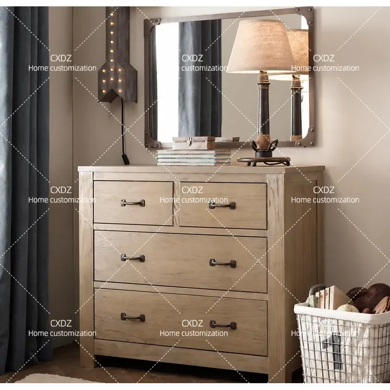 Solid Wood Chest Cabinet French Rural Retro Style Children Storage Nordic Simple Bookcase Porch Entryway Furniture