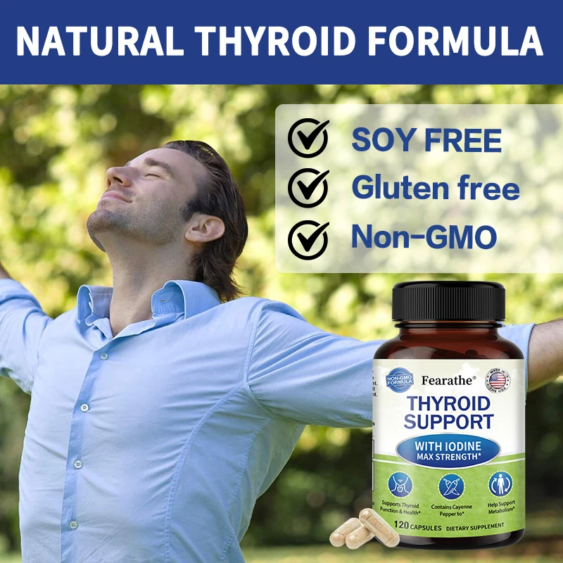 دعم Fearathe Thyroid مع اليود والمغنيسيوم للمساعدة في عملية التمثيل الغذائي وتعزيز وظيفة الغدة الدرقية والصحة وغير المعدلة وراثيًا