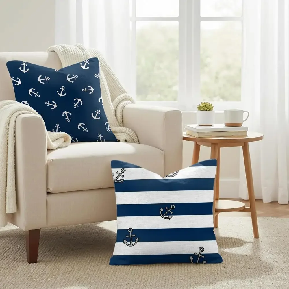 Nautical Theme Throw Pillow Covers Set Ocean Anchor Stripes Coastal Beach Decor Cushion for Sofa Bed