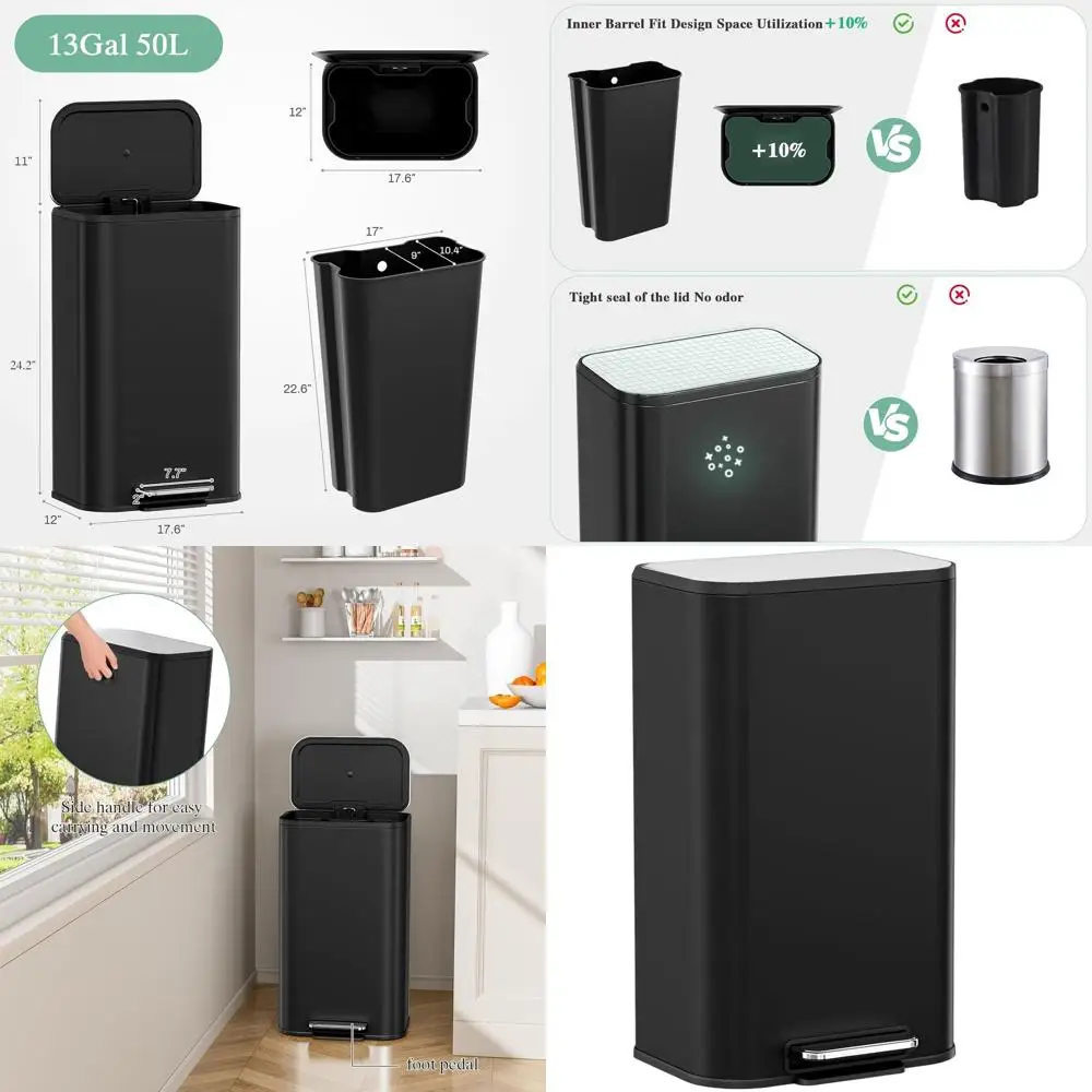 

13.2 Gallon Square Kitchen Trash Can with Soft-Close Lid, Foot Pedal, Removable Inner Bucket, and Handle, Stain-resistant Black