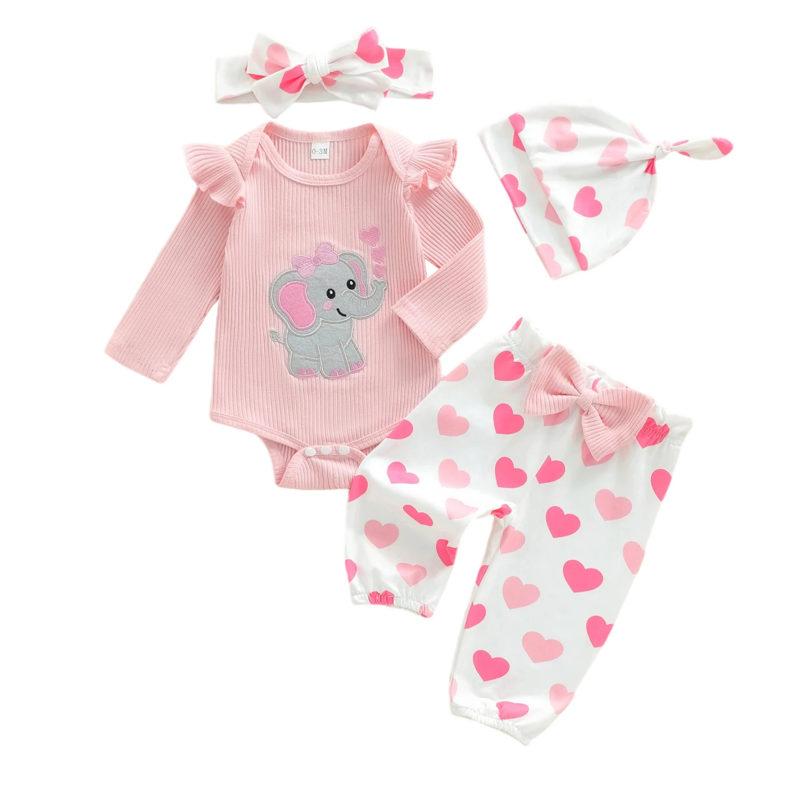 Baby Girl Fall Outfits Elephant Embroidery Long Sleeve Romper with Heart Pattern Pants and Headband Hat 4 Pcs Set