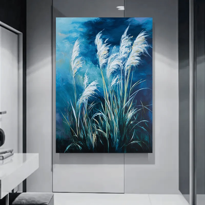 2D Flat Frameless Canvas Art Print, canvas painting- Abstract Blue Grass Wall Painting, Modern Waterproof Decor for