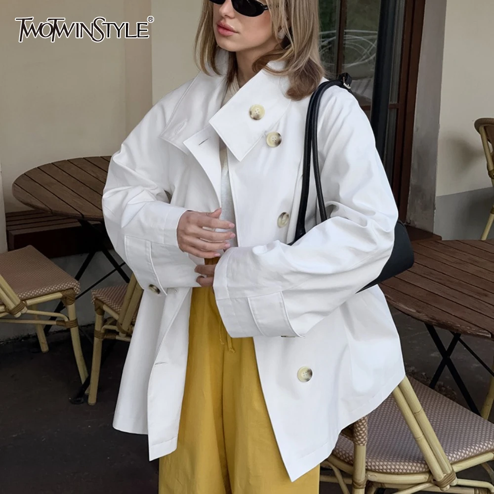 

TWOTWINSTYLE Basics Mid Length Windbreaker for Women Lapel Long Sleeve Patchwork Buttons Loose Cardigan Female Autumn New Trendy