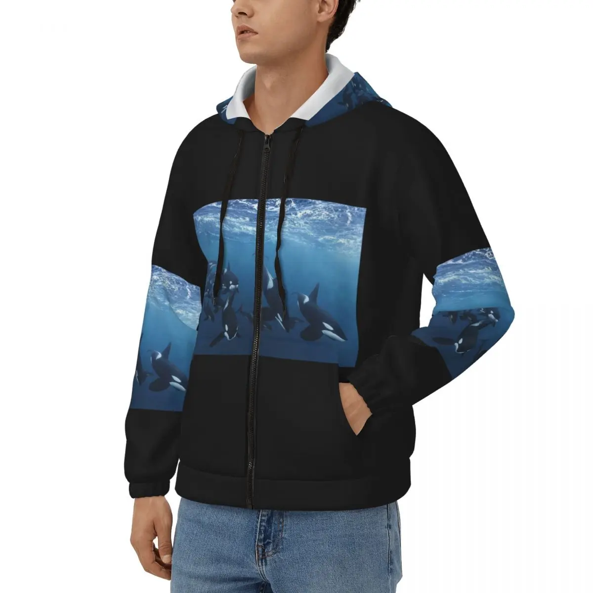 Bule Orca Whale Family Swimming In Sea Zipper Hoodie Hip Hop Pullover Autumn Winter Men Women Sweatshirt Long Sleeve Tops