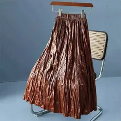 Autumn Winter PU Pleated Skirt Women Fashion Korean High Waist Long Skirts Female Black Khaki Vintage All-match Skirts Lady