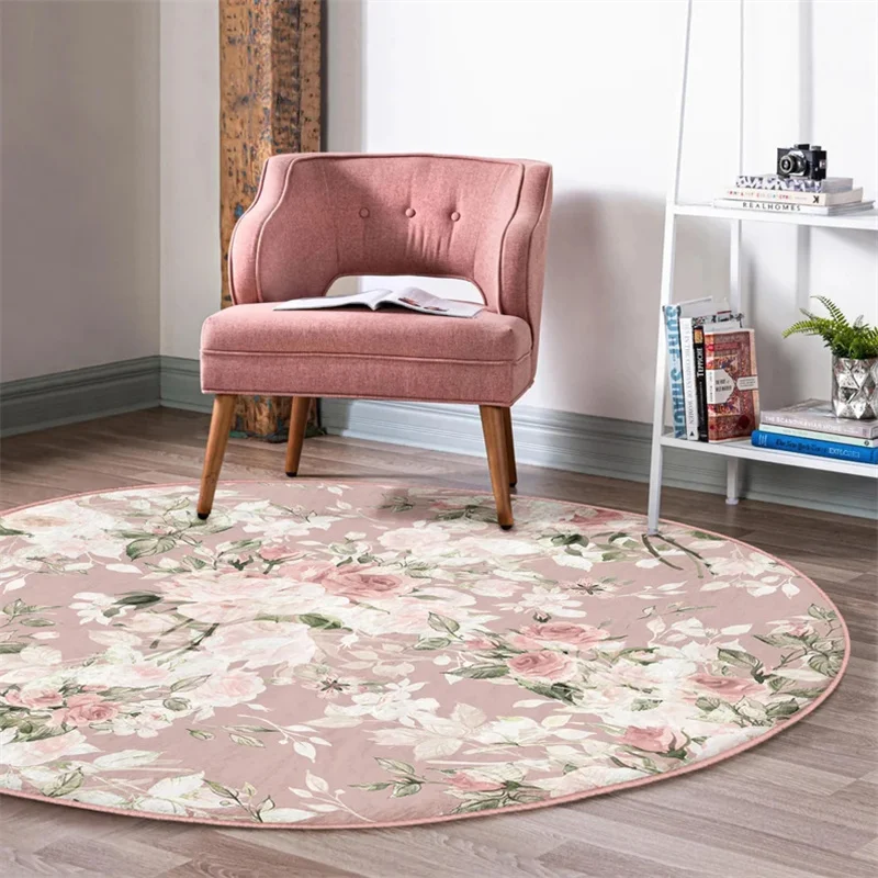Floral Round Garden Rug – Non-Slip Botanical Floor Mat, Pink Circular Carpet for Living Room, Bedroom, Home Decor