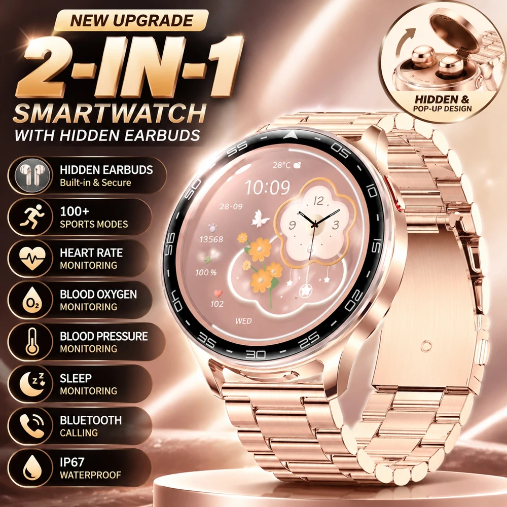 2026New 2-in-1 SmartWatch Women Health Monitoring Built-in Headphones Blood Oxygen Heart Rate Bluetooth Call Smart Watch Men
