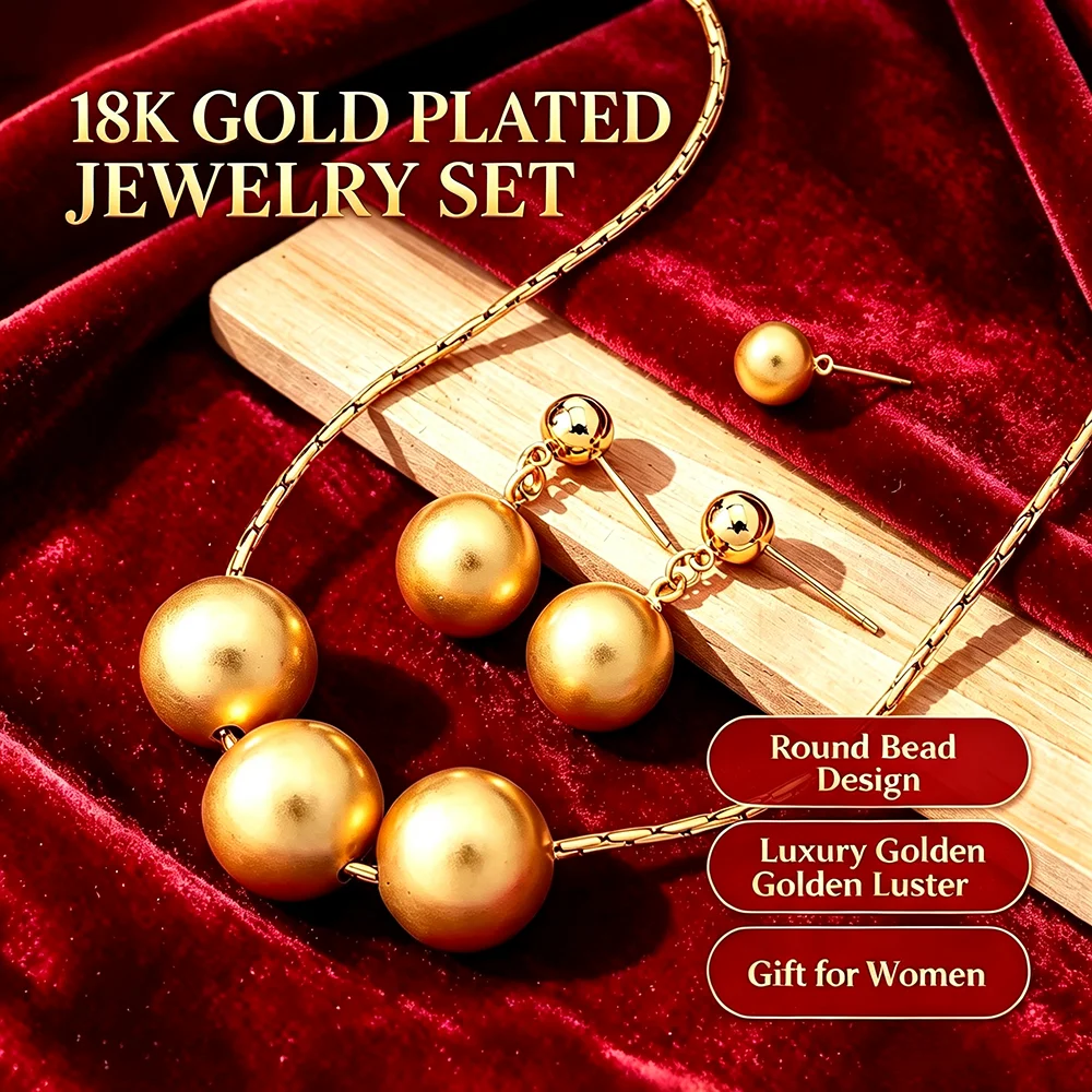 Women 18K Gold Plated Round Ball Bead Necklace Earrings Set 3 Beads Snake Chain Luxury Wedding Party Statement Jewelry Gift