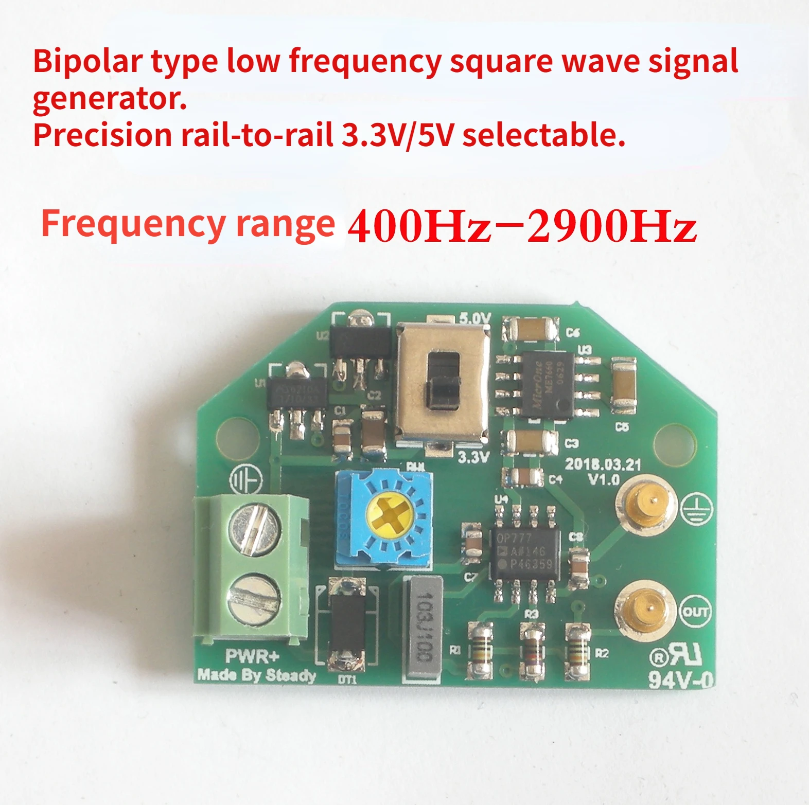 Bipolar Low Frequency Square Wave Signal Generator. Precision Rail-to-rail 3.3V/5V Is Optional.