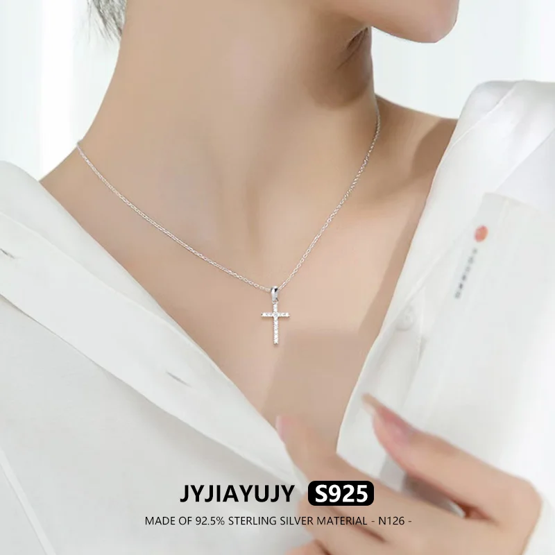 JYJIAYUJY 100% Sterling Silver S925 Necklace Cross Shape White Zircon Casual Trendy Hypoallergenic Female Fine Jewelry Gift N126