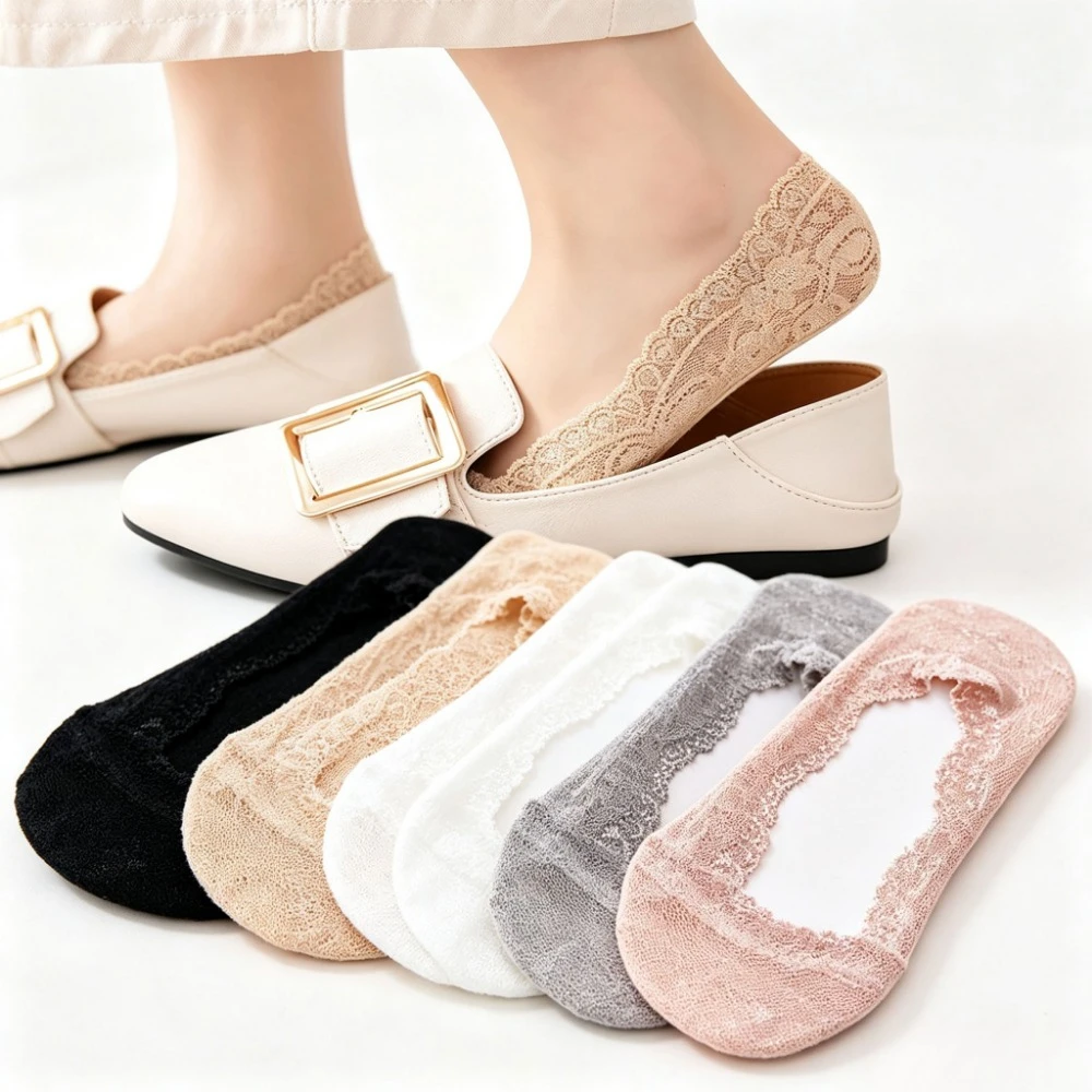 Women Ice Silk No Show Socks, Lace Invisible Low Cut Socks, Cotton Sole Thin Ankle Socks, Silicone Non-slip Liner Socks