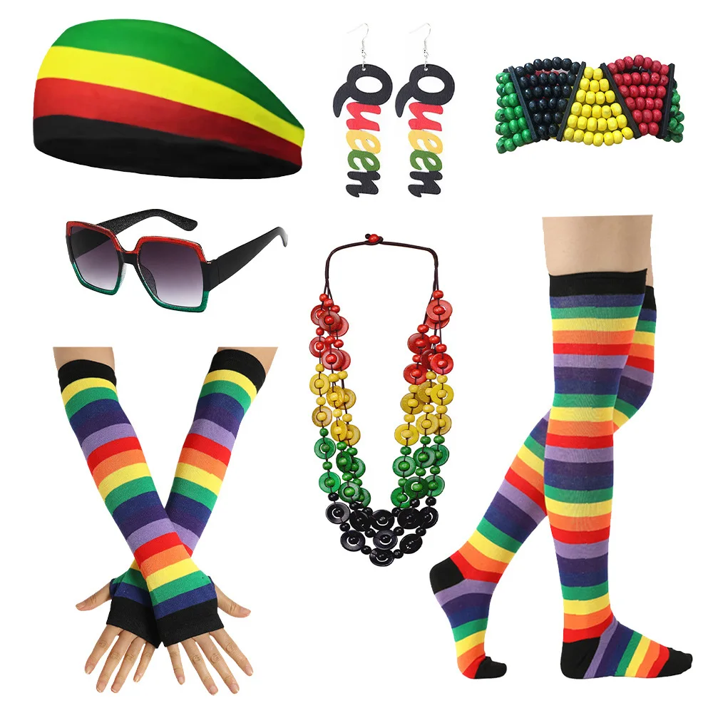 Festival Unisex Knit Braid Hat Jamaican Bob Rasta Beanie Hip Hop Cap Men Costume Retro Bracelet Necklace Clothing Glasses Set view 4