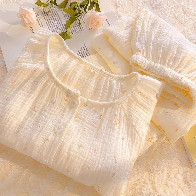 

Пижамы женские из хлопчатобумажной пряжи, новая одежда для дома на весну и осень, марлевый костюм из чистого хлопка с кроликом и цветочным принтом, большой размер, костюм на выход