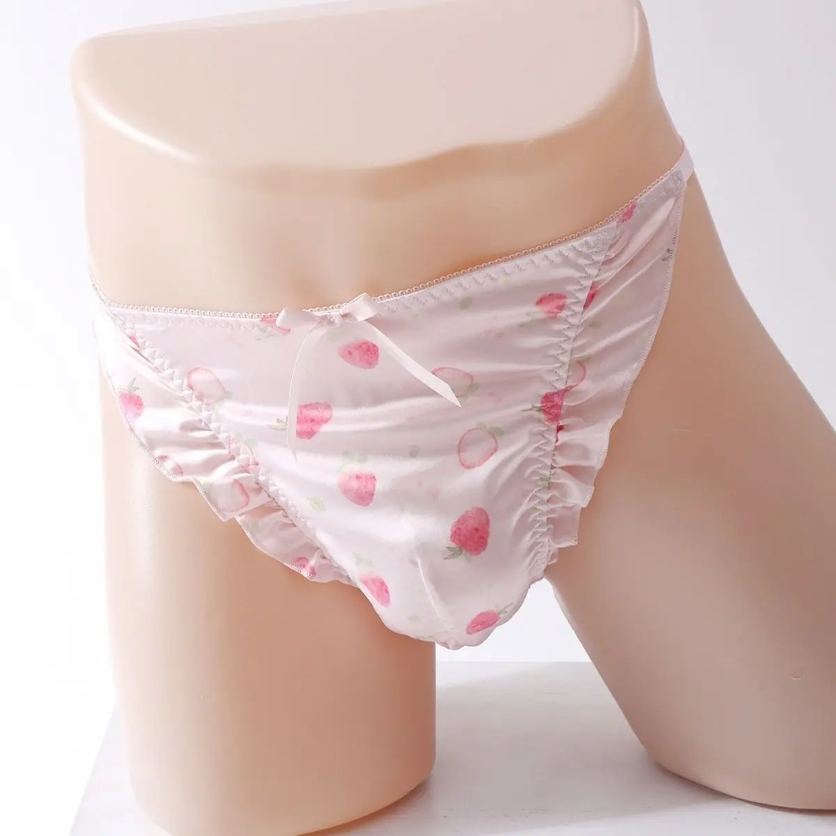 Men's Lace Up Satin Strawberry Graphic Briefs Sissy Sweet Lace Bow Thong Private Party BF Sexy Panty Japanese Style