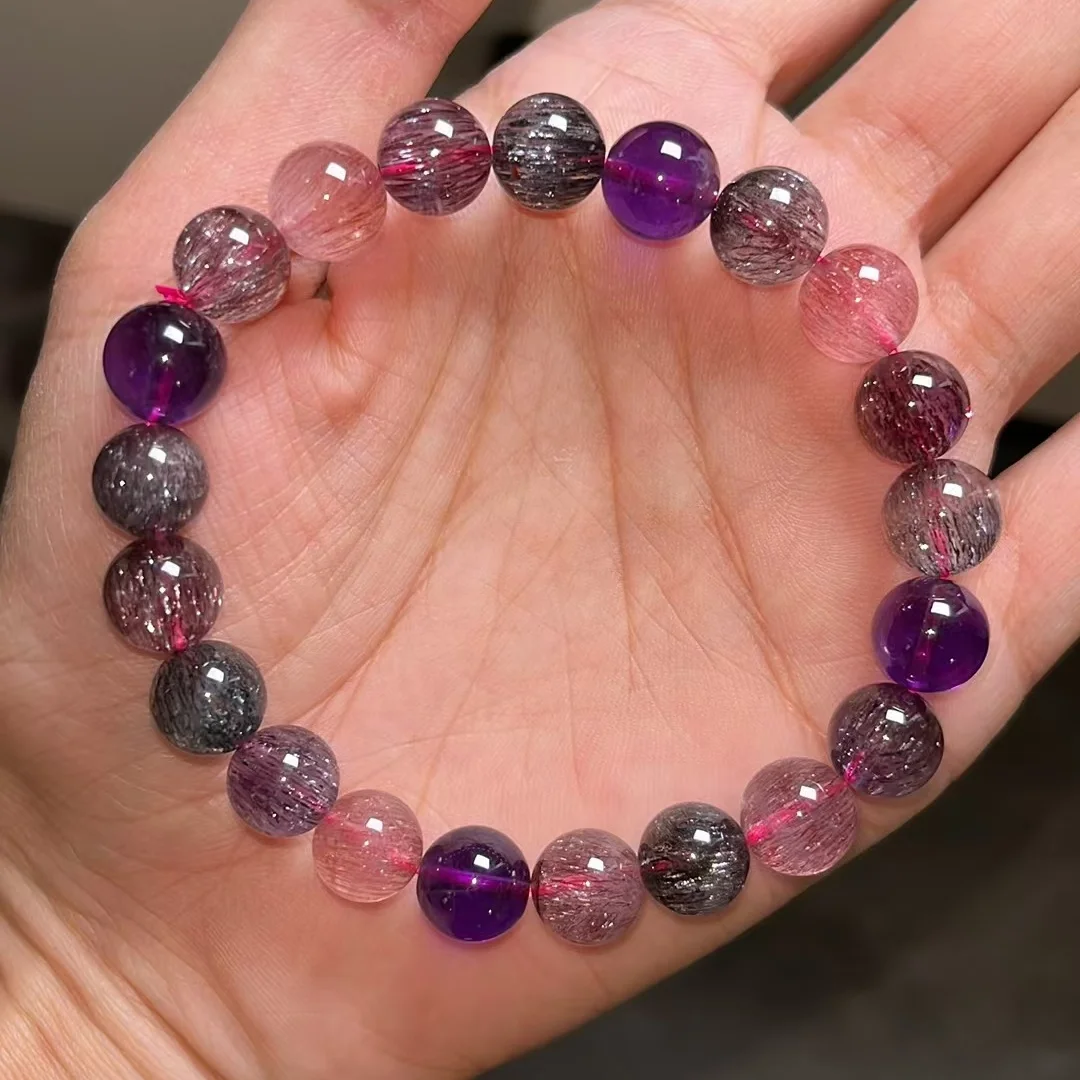 Natural Colorful Super Seven 7 Lepidocrocite Quartz Bracelet 9mm Clear Round Beads 14.3mm Women Men AAAAAAA