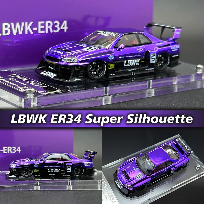 

SW 1:64 LBWK GTR ER34 Silhouette Chrome Purple Opened Hood Diecast Diorama Car Model Collection Toys Street Weapon