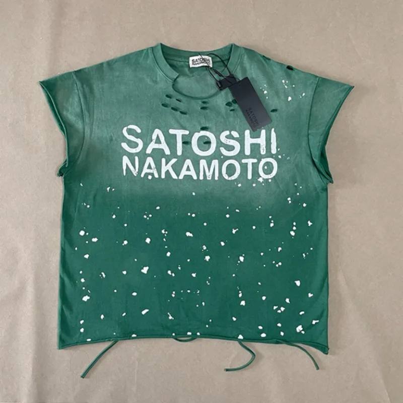 SATOSHI NAKAMOTO Unisex Trendy Sleeveless Tank Top Distressed Ripped Splatter Letter Print Drawstring Hem Hip‑Hop Crop Top