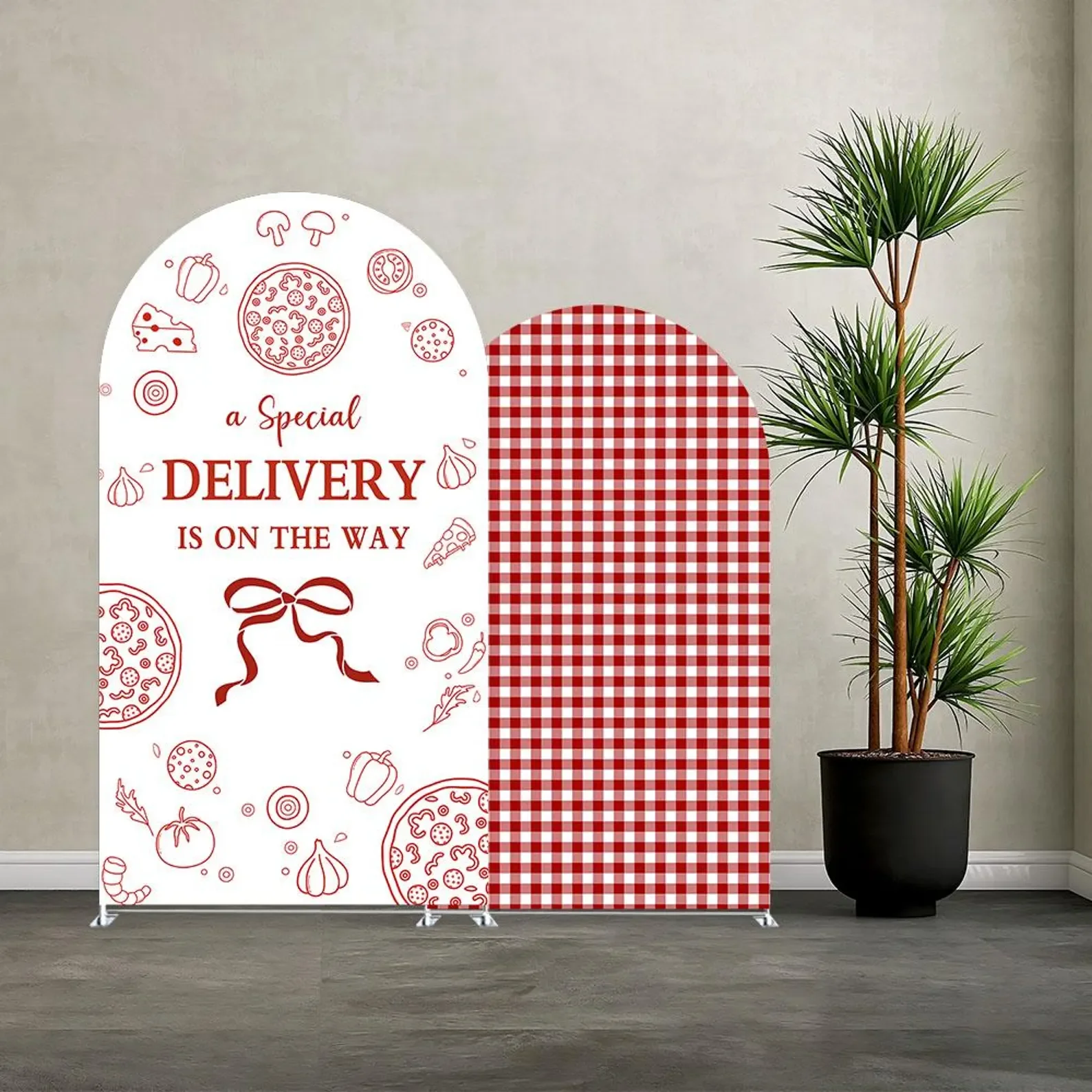 Pizza Special Delivery Red Gingham Spandex Arch Backdrop Cover Baby Shower Birthday Photo Booth Party Decor