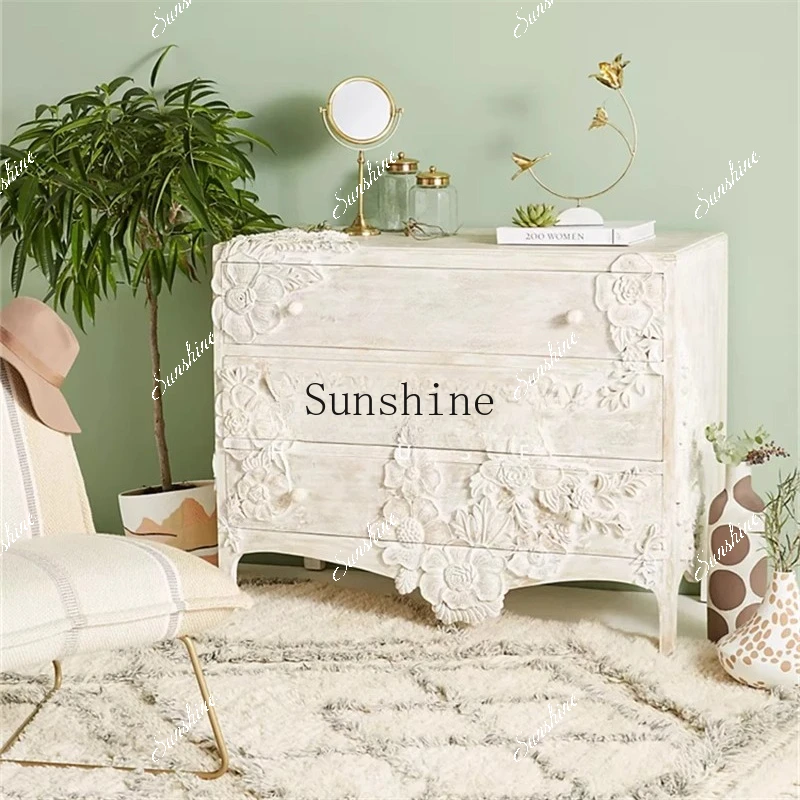 French retro solid wood carving flower washing old three-bucket cabinet bedroom drawer storage cabinet decoration  FT