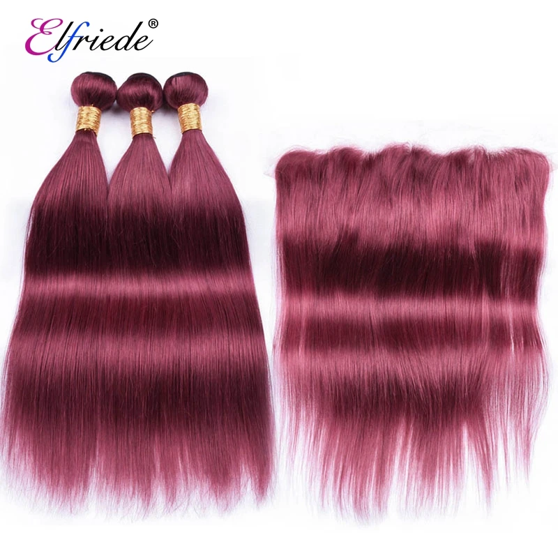 

Elfriede #99J Burgundy Colored Straight Hair Bundles with Frontal 100% Human Hair Sew-in Wefts 3 Bundles with Lace Frontal 13x4