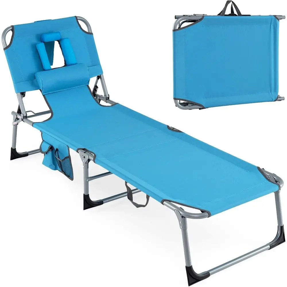 

Adjustable Backrest Beach Lounge Chair with Arm Holes and Storage for Outdoor Patio and Poolside, Navy