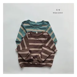 Children Boy Striped Long Sleeve T-shirt Spring New Korea Round Neck Lace Up Baby Boy T-shirt Loose Bottomed Kid Boy Shirt Trend