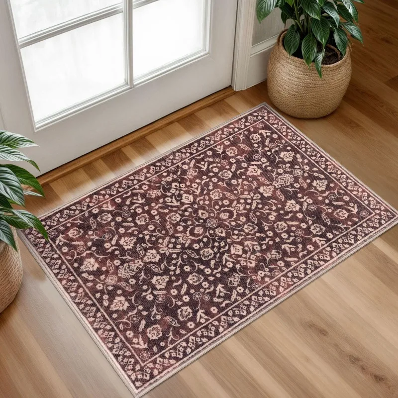 Retro Ornate Floral Doormat Antique Style Indoor Area Rug Entrance Floor Carpet Low‑Profile Mat for Home Decoration