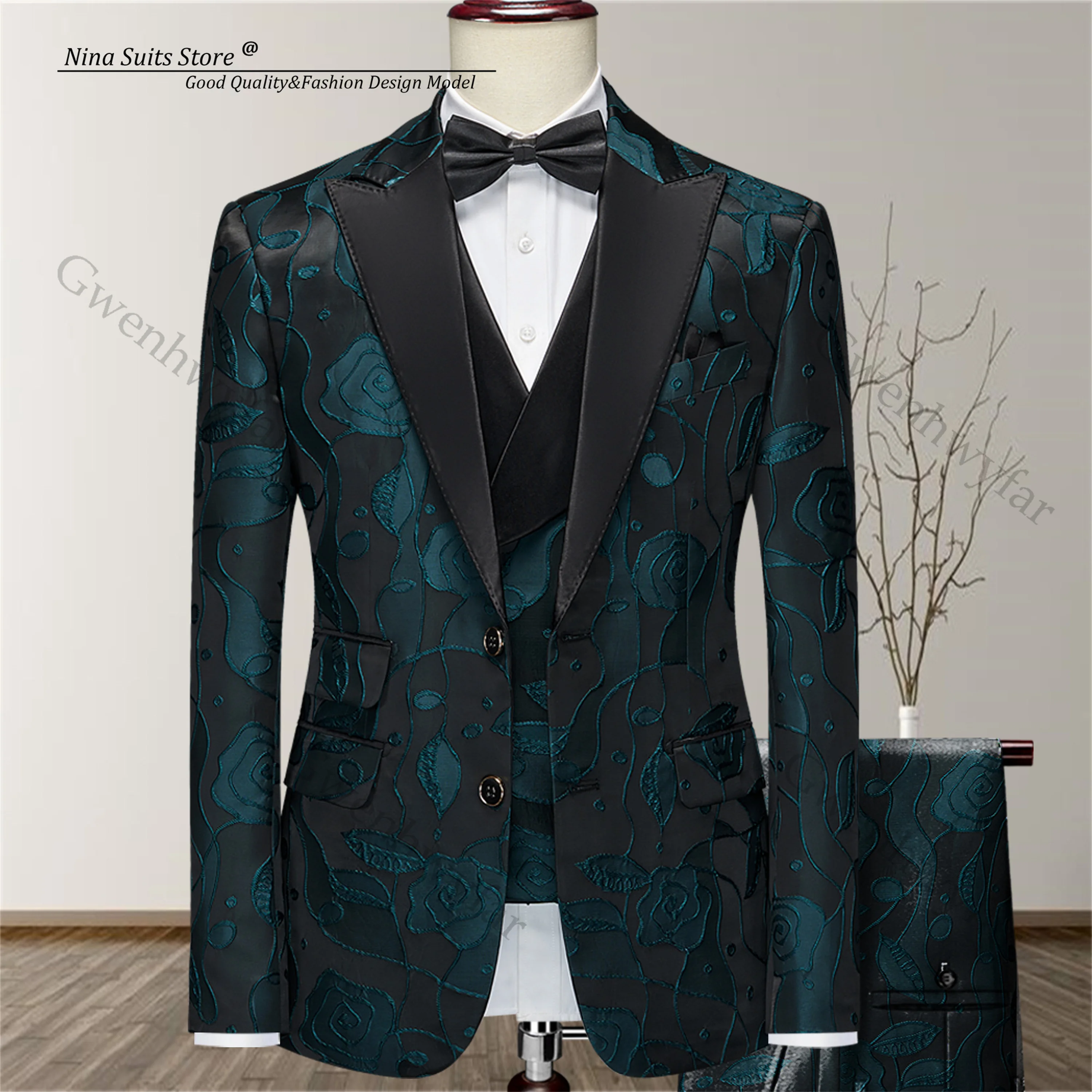 Nina Store Black Bottom Peacock Green Rose Jacquard Suit 3 Pieces Set Men's Elegant Wedding Costume Jacket in Single Breasted