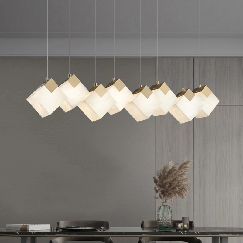 Postmodern Hotel Counter Brass Chandelier Modern Villa Duplex Dining Room Spanish Marble Rectangular Pendant Light