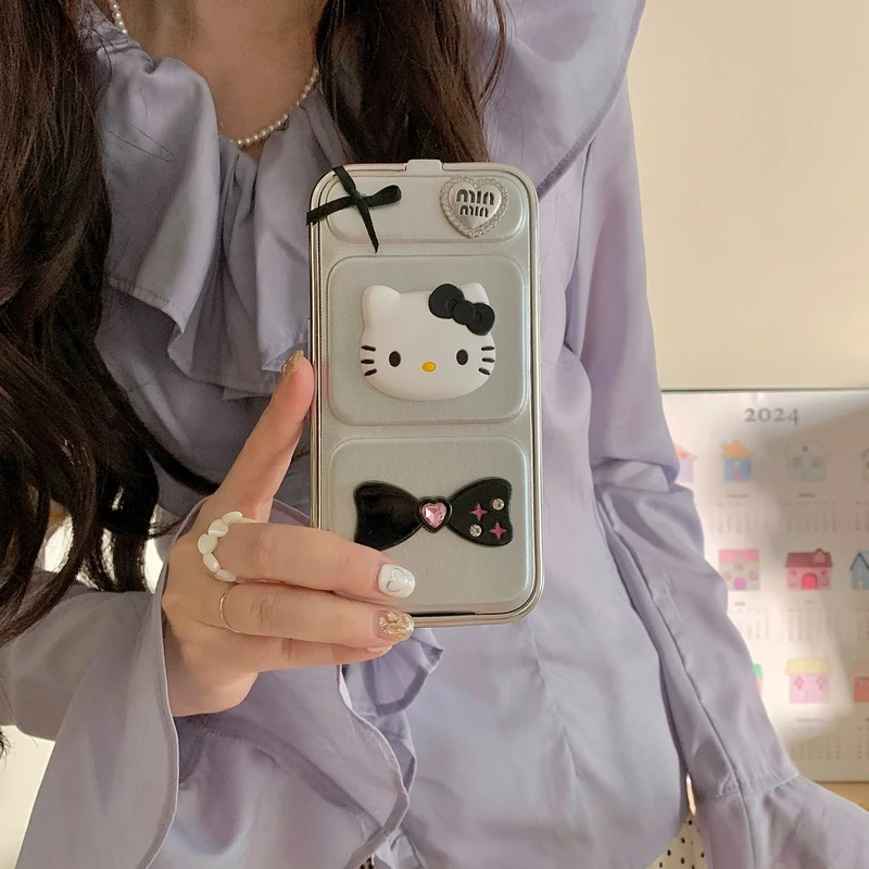 Custodia per telefono stereoscopica 3D Cute Cartoon Sanrio Hello Kitty per iPhone 15 14 13 12 11 Pro Max Cover posteriore pieghevole per supporto