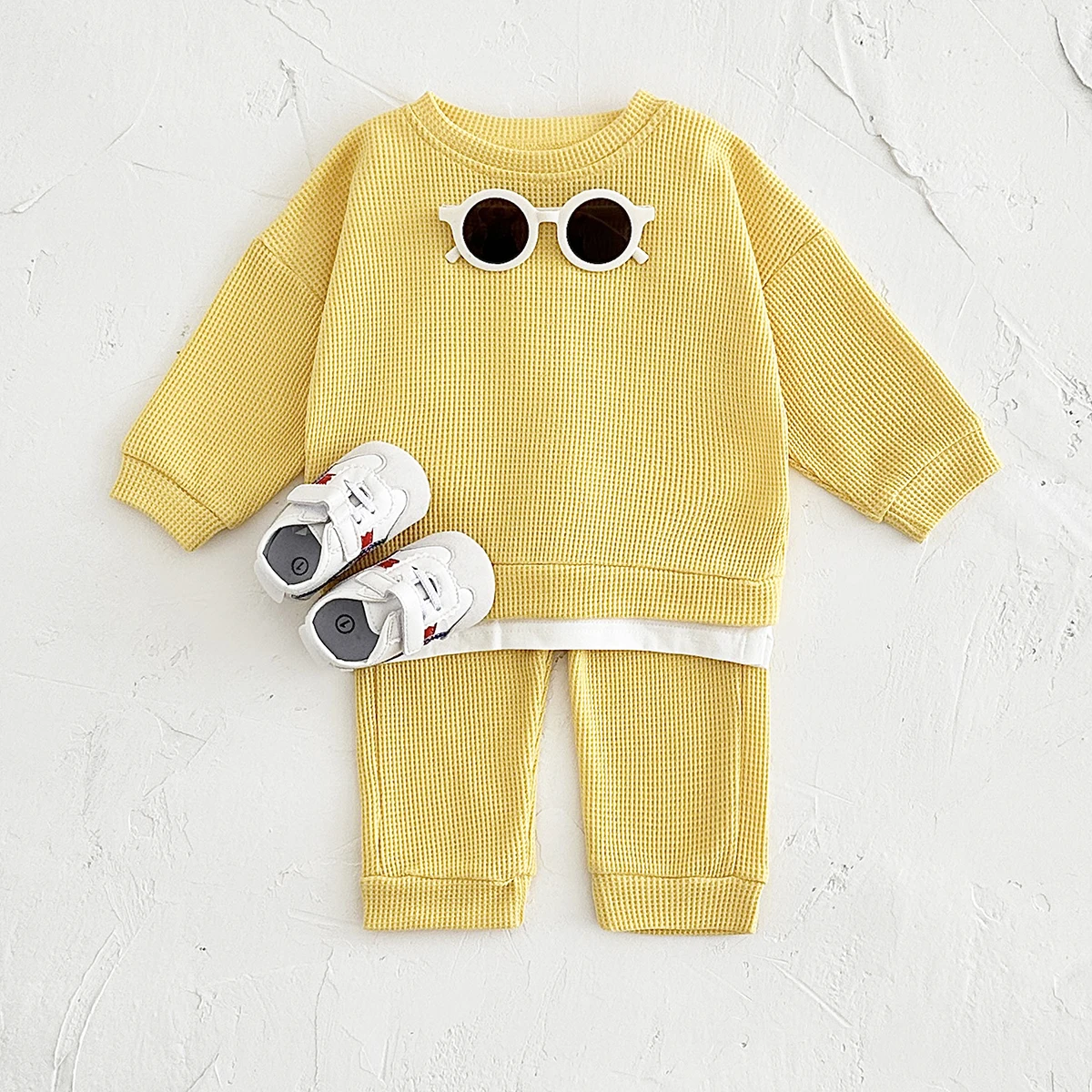 Autumn New Baby Clothes Sets Korea Waffle Cotton Children Clothing Loose Tracksuit Pullovers Top s+Pants 2PCS Infant Baby 0-3Y