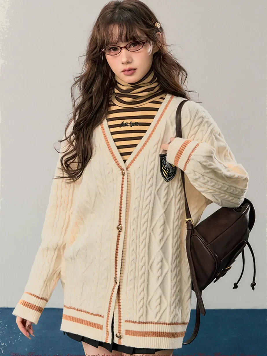

Korean College Style Sweater Cardigan Women Y2k Heavy Industry Fried Dough Twists Autumn Winter Loose Vintage Sweater Women
