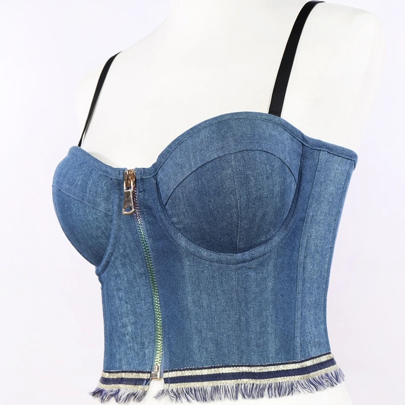 Women Zipper Front Bustier Camisole Sexy Backless Corset Crop Top Frayed Tassel Hem Body Shaper