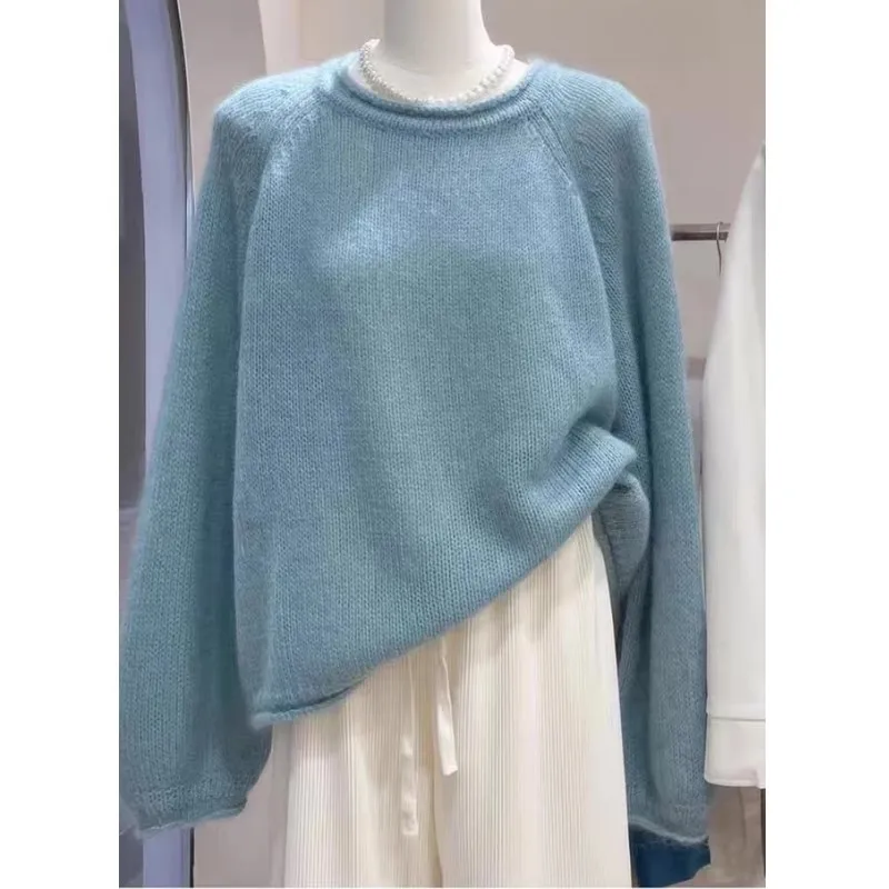 

European style versatile rolled-up round-neck loose cashmere knitted sweater women's loose sweater autumn winter wool base layer