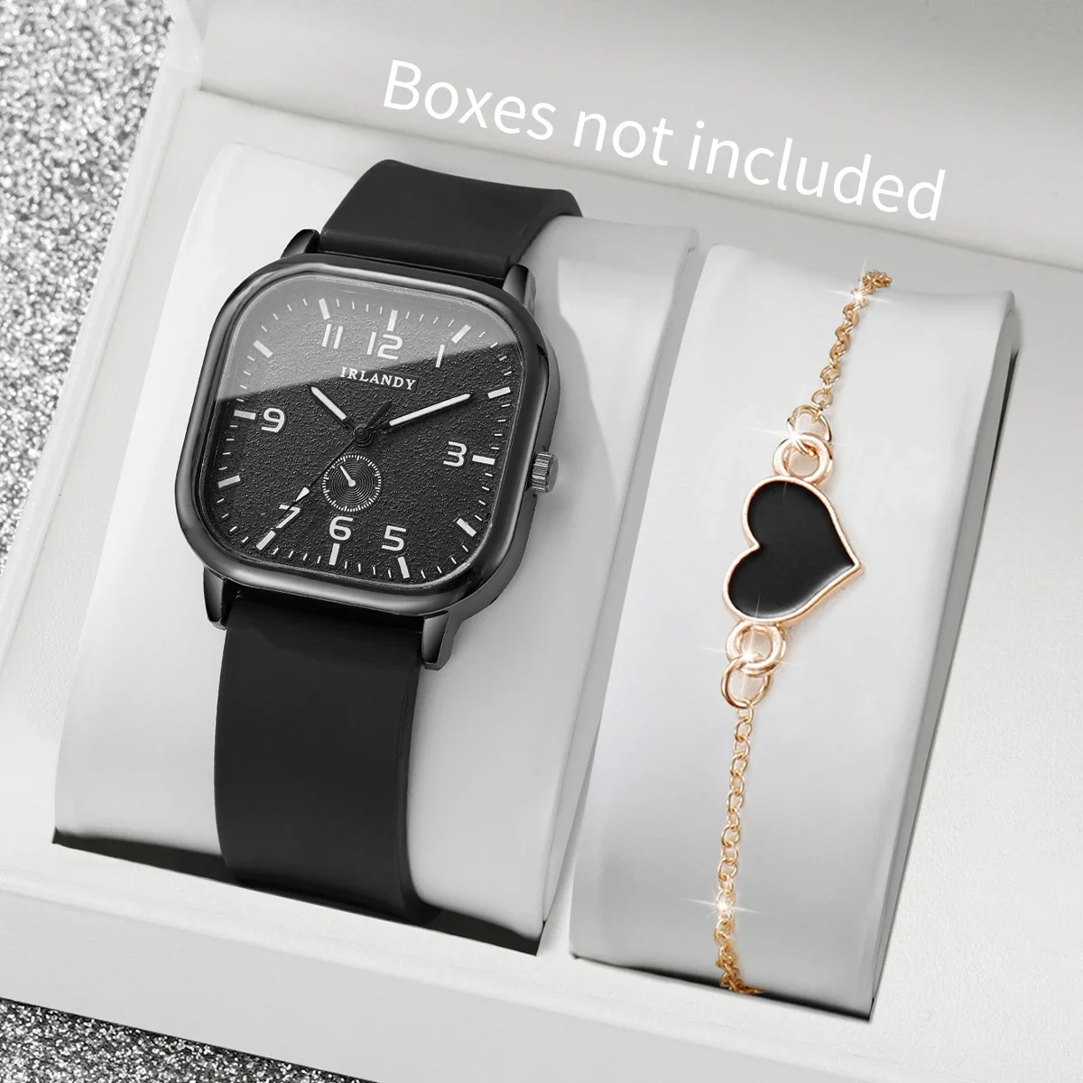 2PCS/Set Women Fashion Square Dial Quartz Wristwatches Silicone Strap Watch Heart Bracelet Set Reloj Mujer (Without Box)