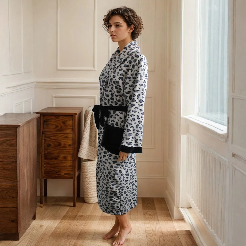 Picture 6: Luxury Coral Velvet  Bathrobe with Leopard Print , Plush Spa Robe with Two Pockets, Modern Design, Absorbent Fabric, for women