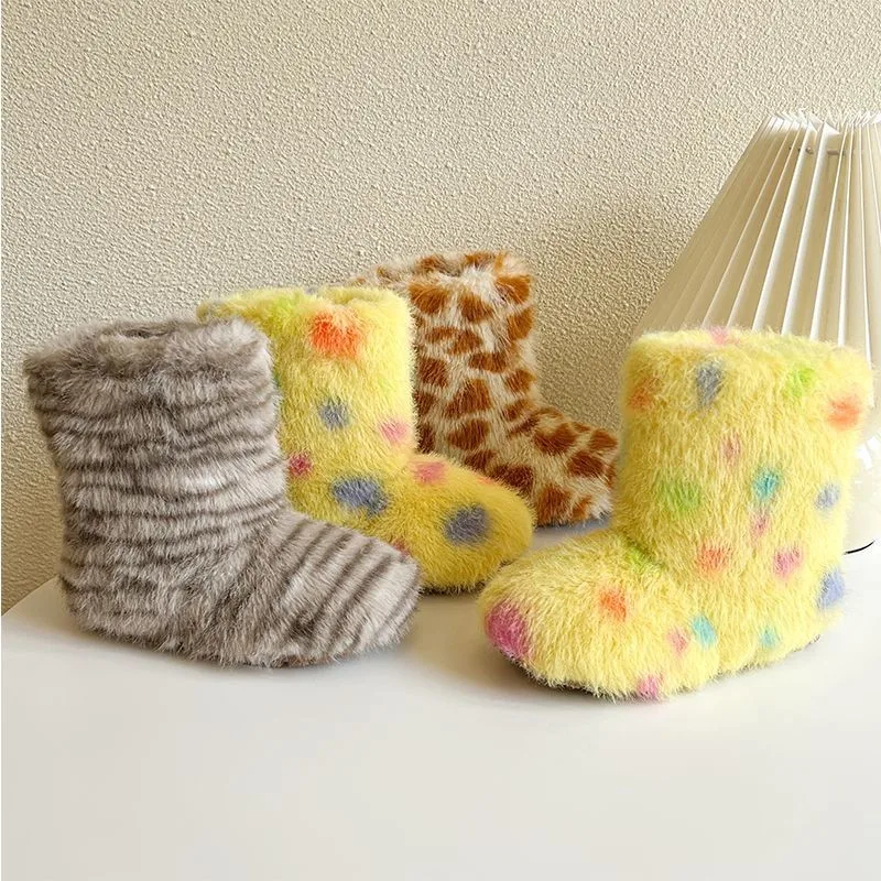 Baby Kids' Warm Snow Boots Cute Long Plush Girls' Cotton Boot Children's Colorful Furry Baby Girl Shoes with Winter Botas Niña