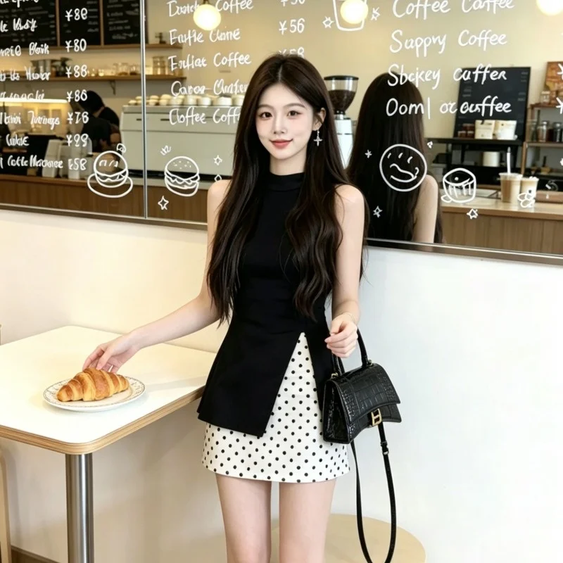 

Black Sash Knot Sleeveless Split Vest Women Summer Outerwear Sweet Spicy Top Skirt Set Handmade Stitched Chic Style